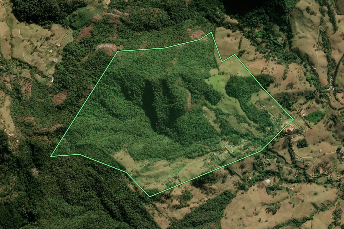 Imagem de satélite do imóvel rural em São Bento do Sapucaí (SP), com o contorno declarado no CAR desenhado por cima.