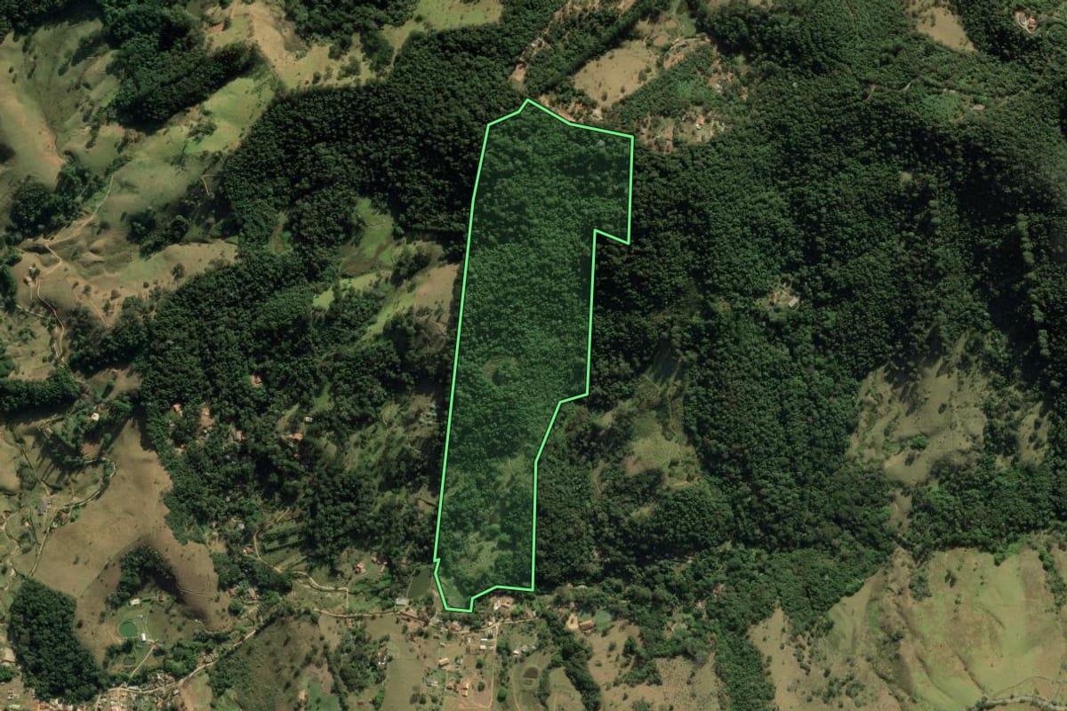 Imagem de satélite do imóvel rural em São Bento do Sapucaí (SP), com o contorno declarado no CAR desenhado por cima.
