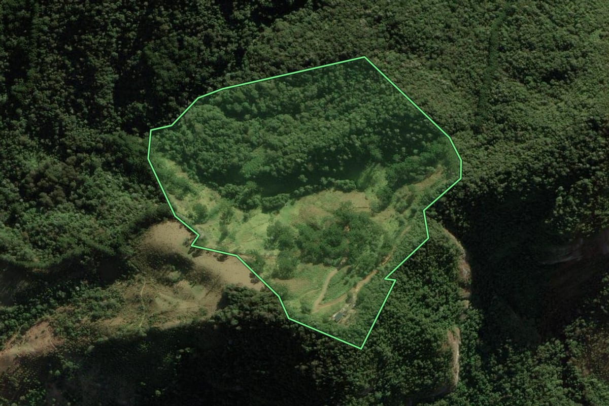 Imagem de satélite do imóvel rural em São Bento do Sapucaí (SP), com o contorno declarado no CAR desenhado por cima.