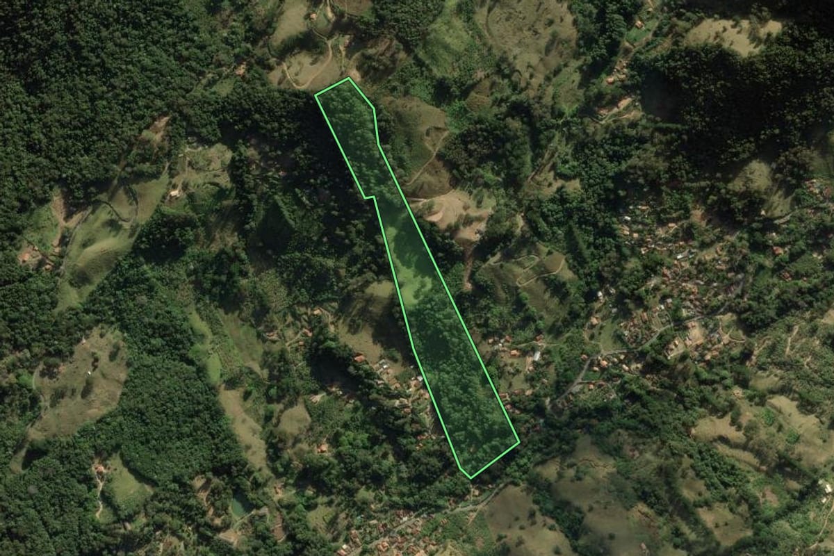 Imagem de satélite do imóvel rural em São Bento do Sapucaí (SP), com o contorno declarado no CAR desenhado por cima.