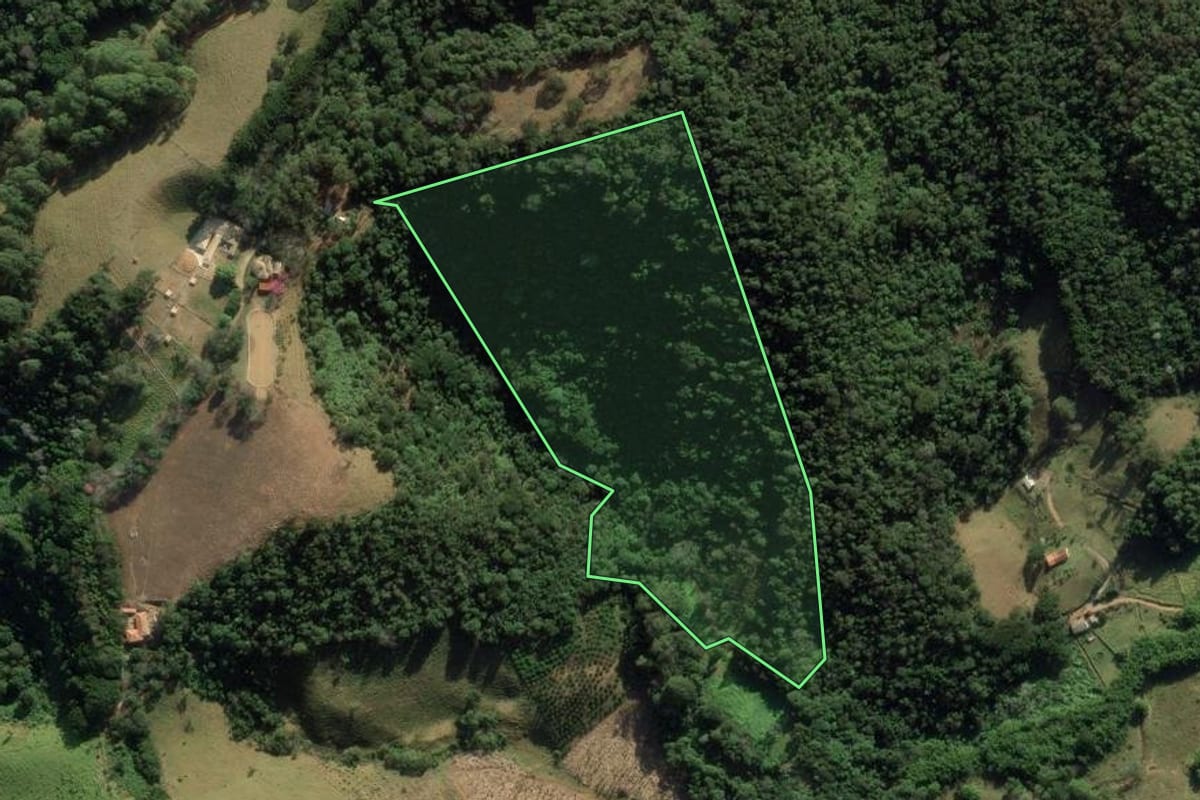 Imagem de satélite do imóvel rural em São Bento do Sapucaí (SP), com o contorno declarado no CAR desenhado por cima.