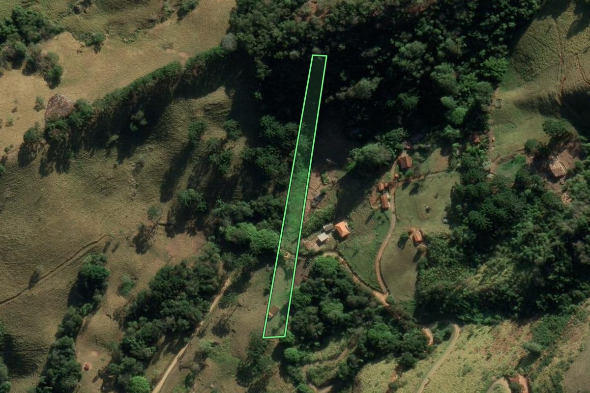 Imagem de satélite do imóvel rural em São Bento do Sapucaí (SP), com o contorno declarado no CAR desenhado por cima.