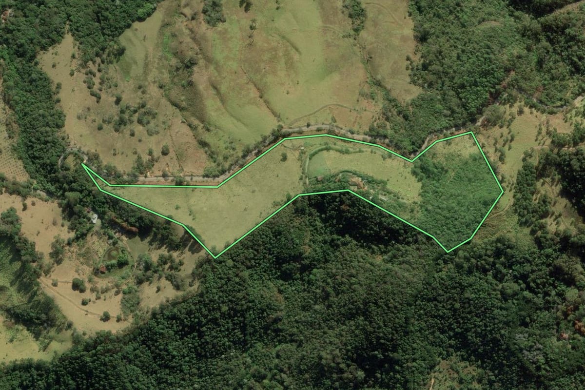 Imagem de satélite do imóvel rural em São Bento do Sapucaí (SP), com o contorno declarado no CAR desenhado por cima.