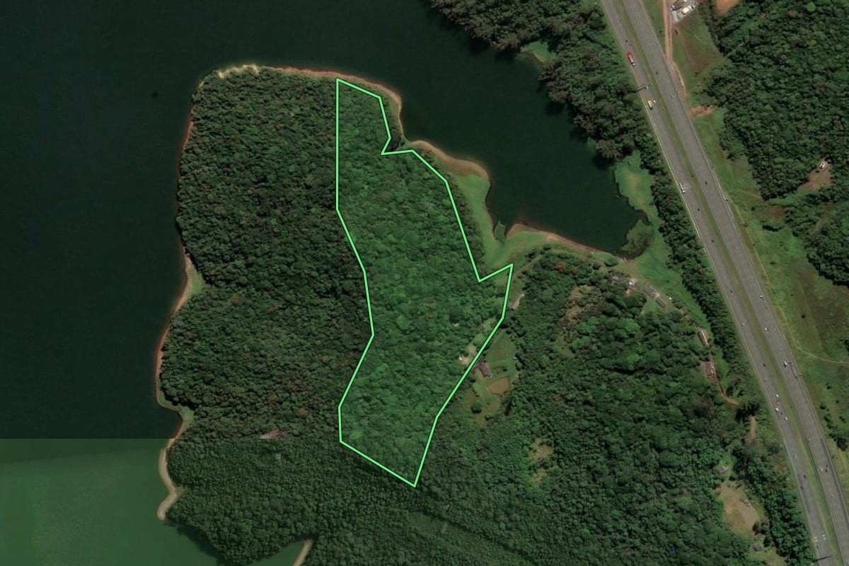 Imagem de satélite do imóvel rural em São Bernardo do Campo (SP), com o contorno declarado no CAR desenhado por cima.