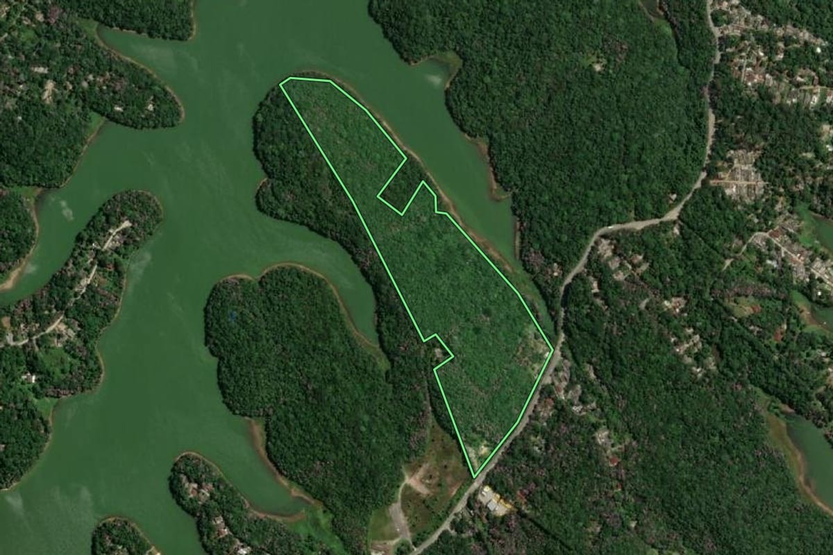 Imagem de satélite do imóvel rural em São Bernardo do Campo (SP), com o contorno declarado no CAR desenhado por cima.