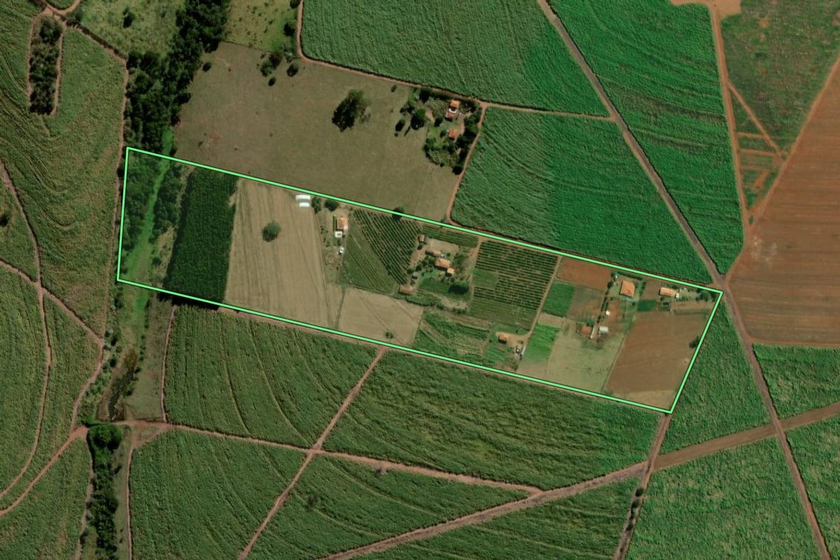 Imagem de satélite do imóvel rural em São Carlos (SP), com o contorno declarado no CAR desenhado por cima.