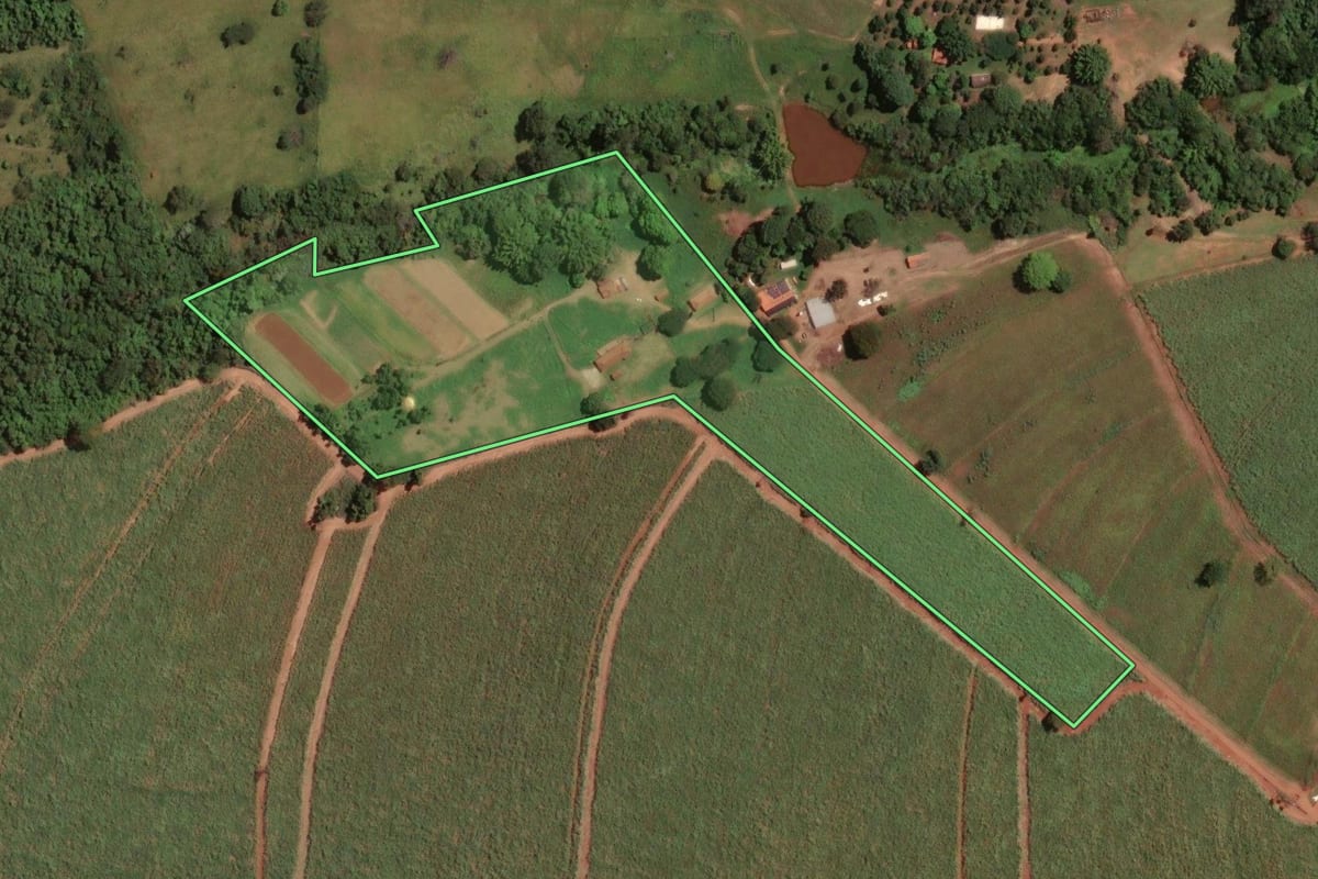 Imagem de satélite do imóvel rural em São Carlos (SP), com o contorno declarado no CAR desenhado por cima.