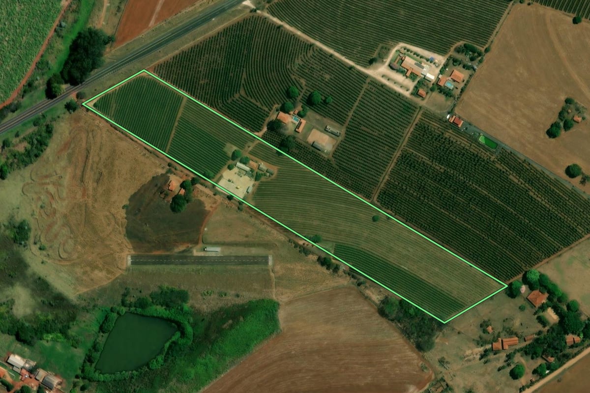 Imagem de satélite do imóvel rural em São Carlos (SP), com o contorno declarado no CAR desenhado por cima.
