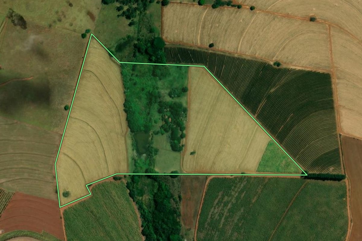 Imagem de satélite do imóvel rural em São Carlos (SP), com o contorno declarado no CAR desenhado por cima.