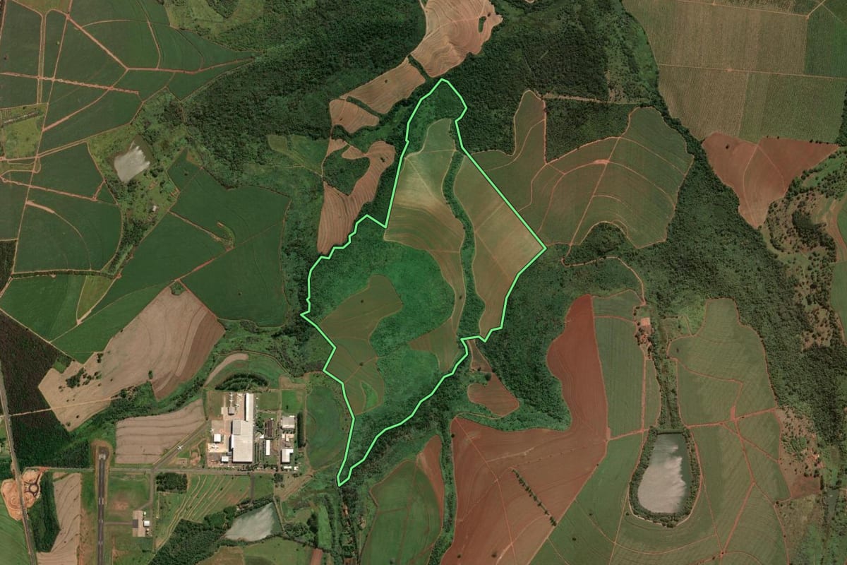 Imagem de satélite do imóvel rural em São Carlos (SP), com o contorno declarado no CAR desenhado por cima.