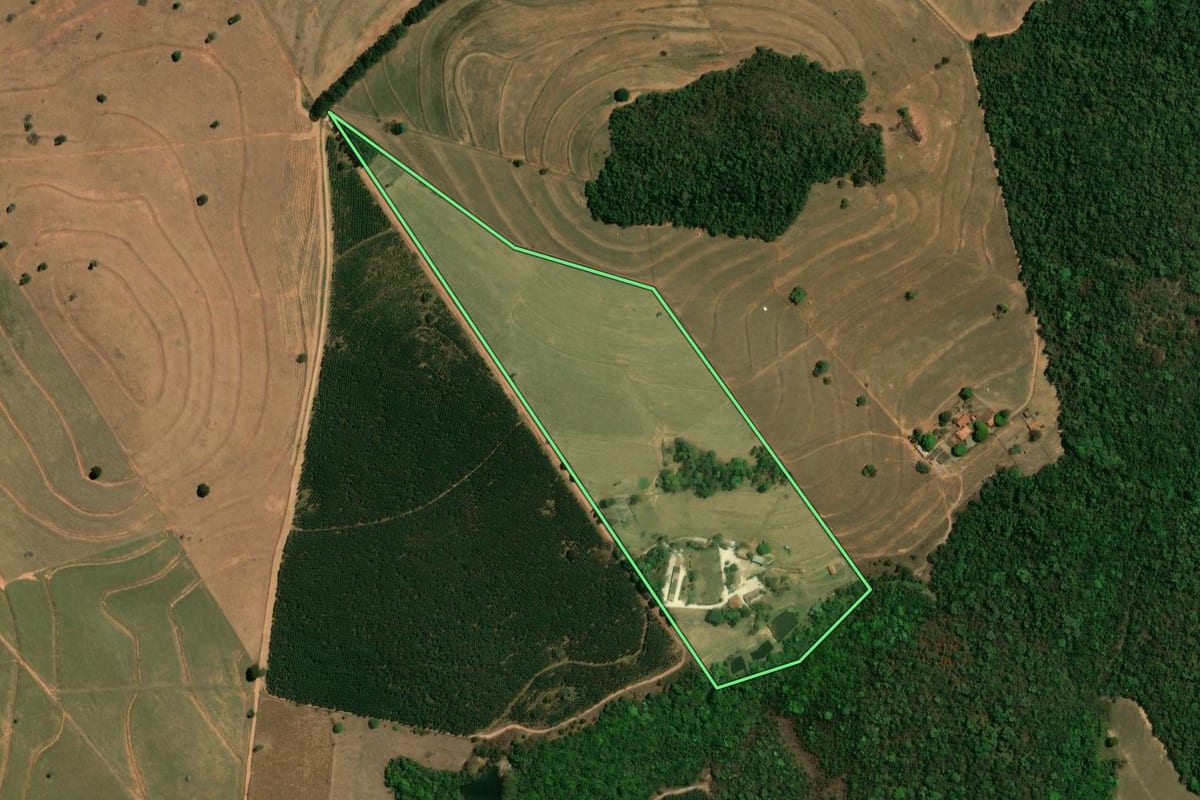 Imagem de satélite do imóvel rural em São Carlos (SP), com o contorno declarado no CAR desenhado por cima.