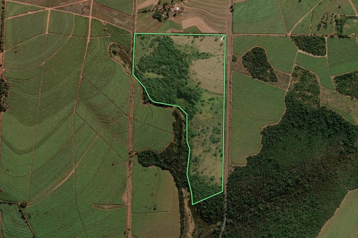 Imagem de satélite do imóvel rural em São Carlos (SP), com o contorno declarado no CAR desenhado por cima.