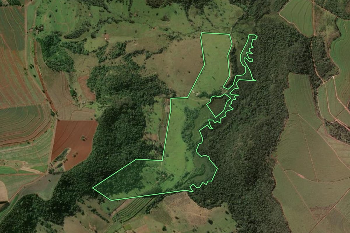 Imagem de satélite do imóvel rural em São Carlos (SP), com o contorno declarado no CAR desenhado por cima.