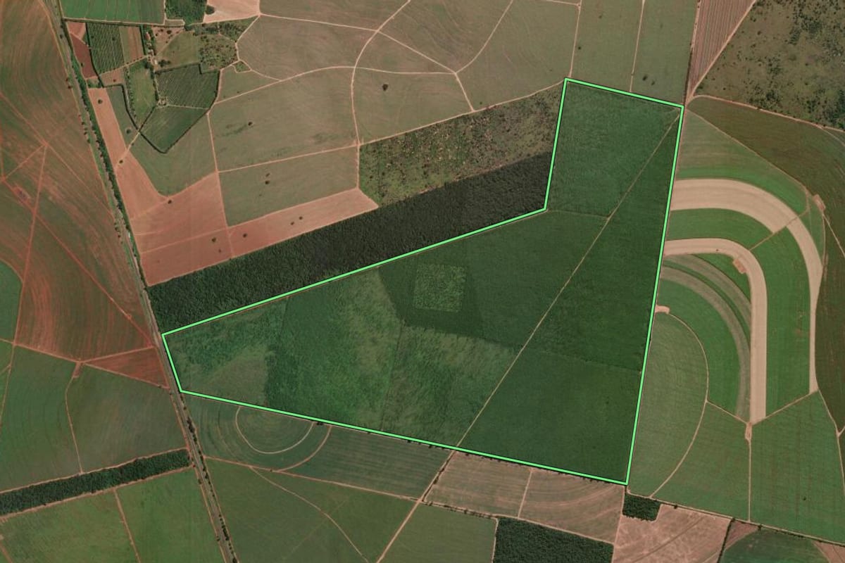 Imagem de satélite do imóvel rural em São Carlos (SP), com o contorno declarado no CAR desenhado por cima.