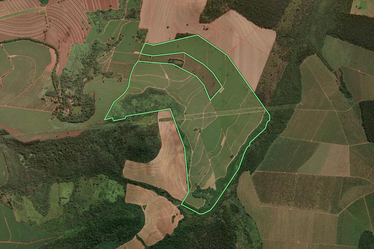 Imagem de satélite do imóvel rural em São Carlos (SP), com o contorno declarado no CAR desenhado por cima.