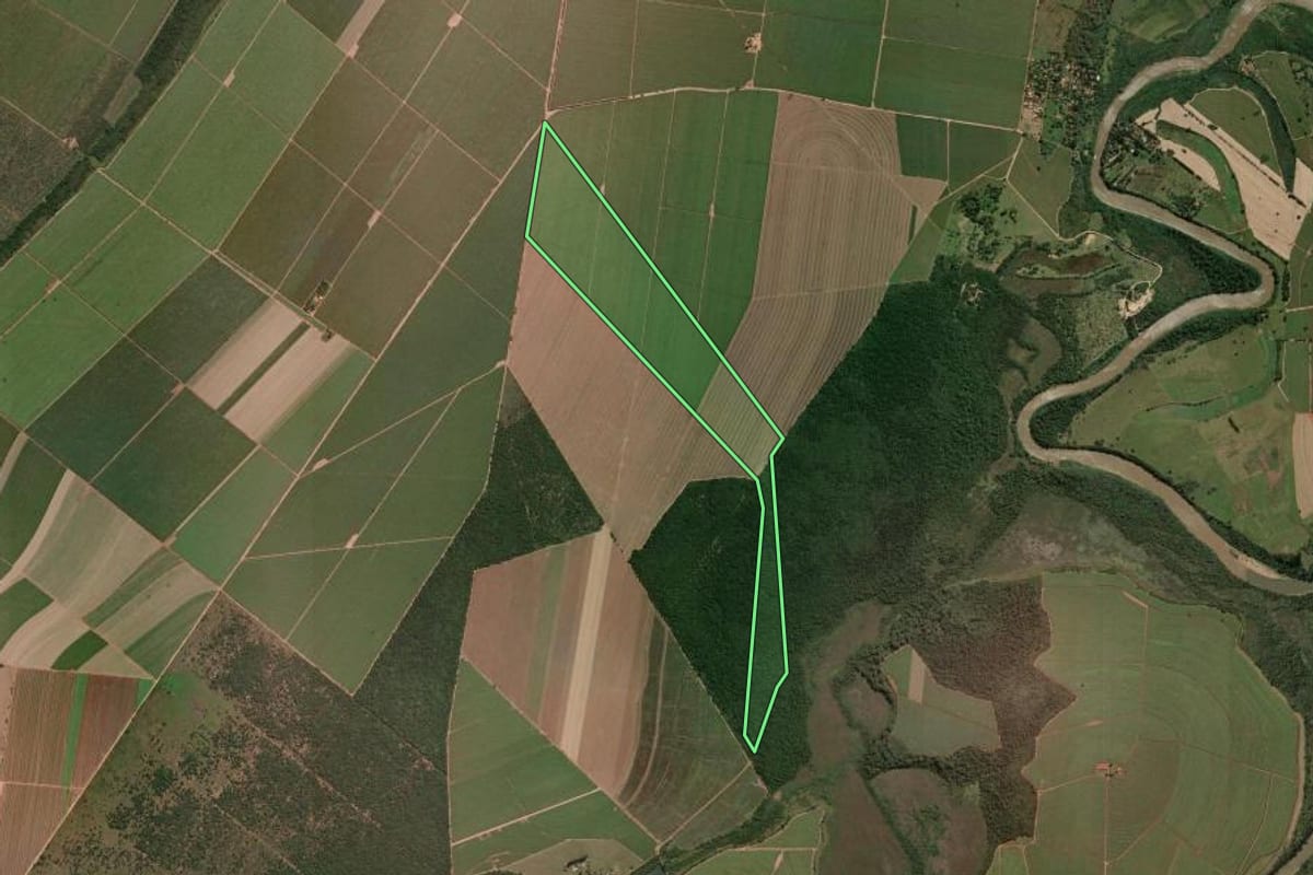 Imagem de satélite do imóvel rural em São Carlos (SP), com o contorno declarado no CAR desenhado por cima.
