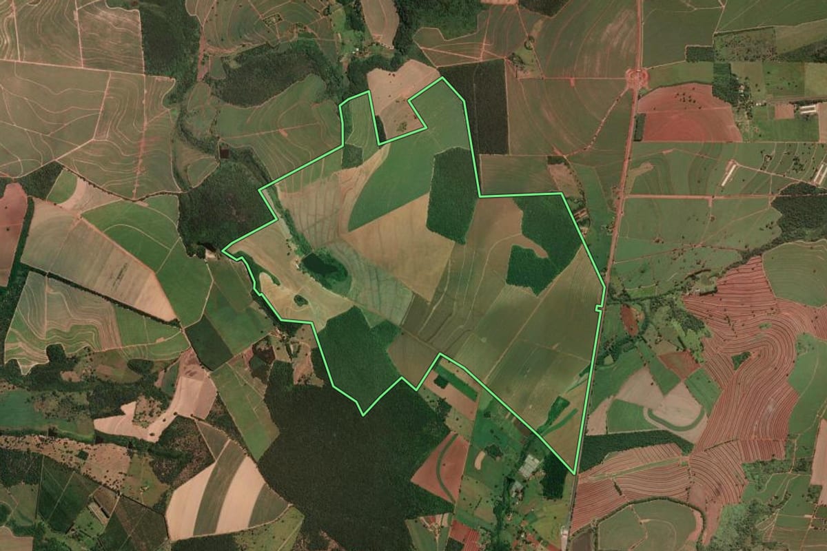 Imagem de satélite do imóvel rural em São Carlos (SP), com o contorno declarado no CAR desenhado por cima.