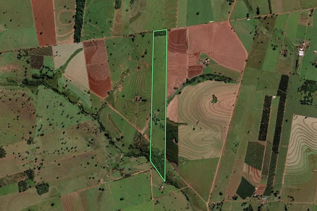 Imagem de satélite do imóvel rural em São Francisco (SP), com o contorno declarado no CAR desenhado por cima.