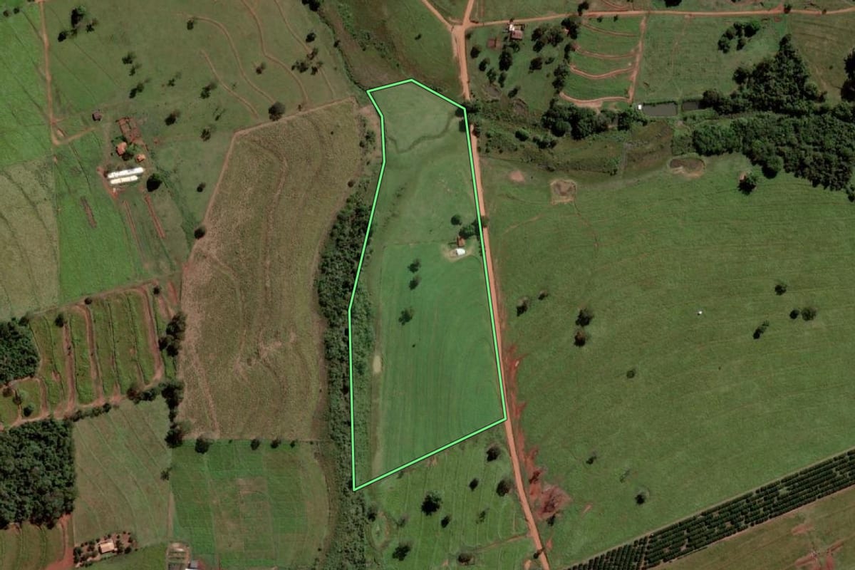 Imagem de satélite do imóvel rural em São Francisco (SP), com o contorno declarado no CAR desenhado por cima.