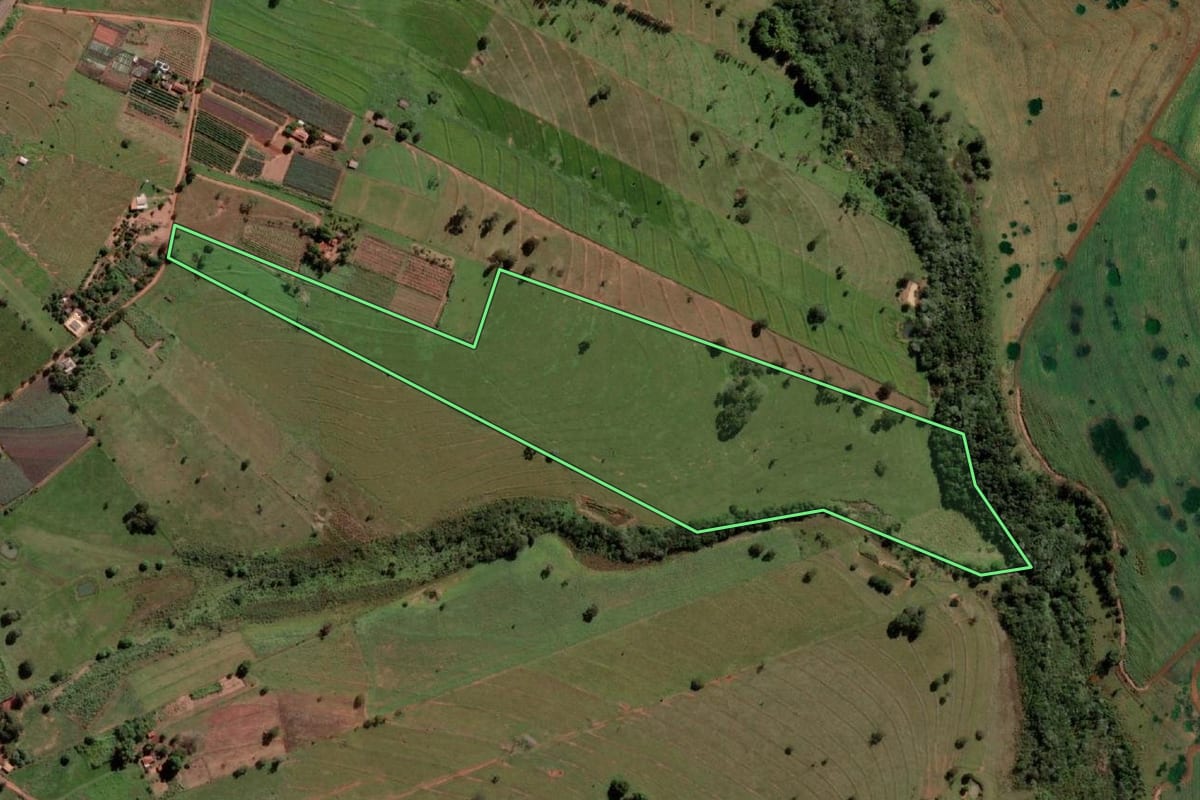 Imagem de satélite do imóvel rural em São Francisco (SP), com o contorno declarado no CAR desenhado por cima.