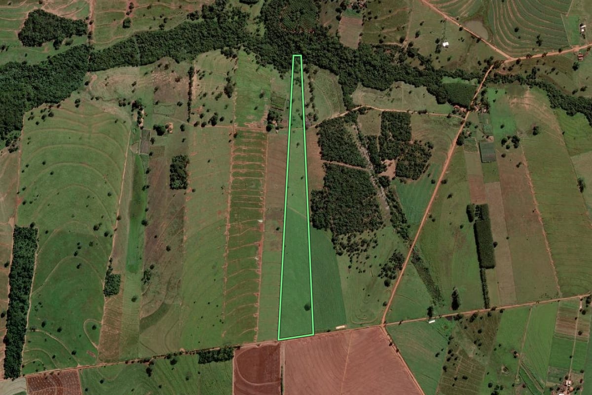 Imagem de satélite do imóvel rural em São Francisco (SP), com o contorno declarado no CAR desenhado por cima.