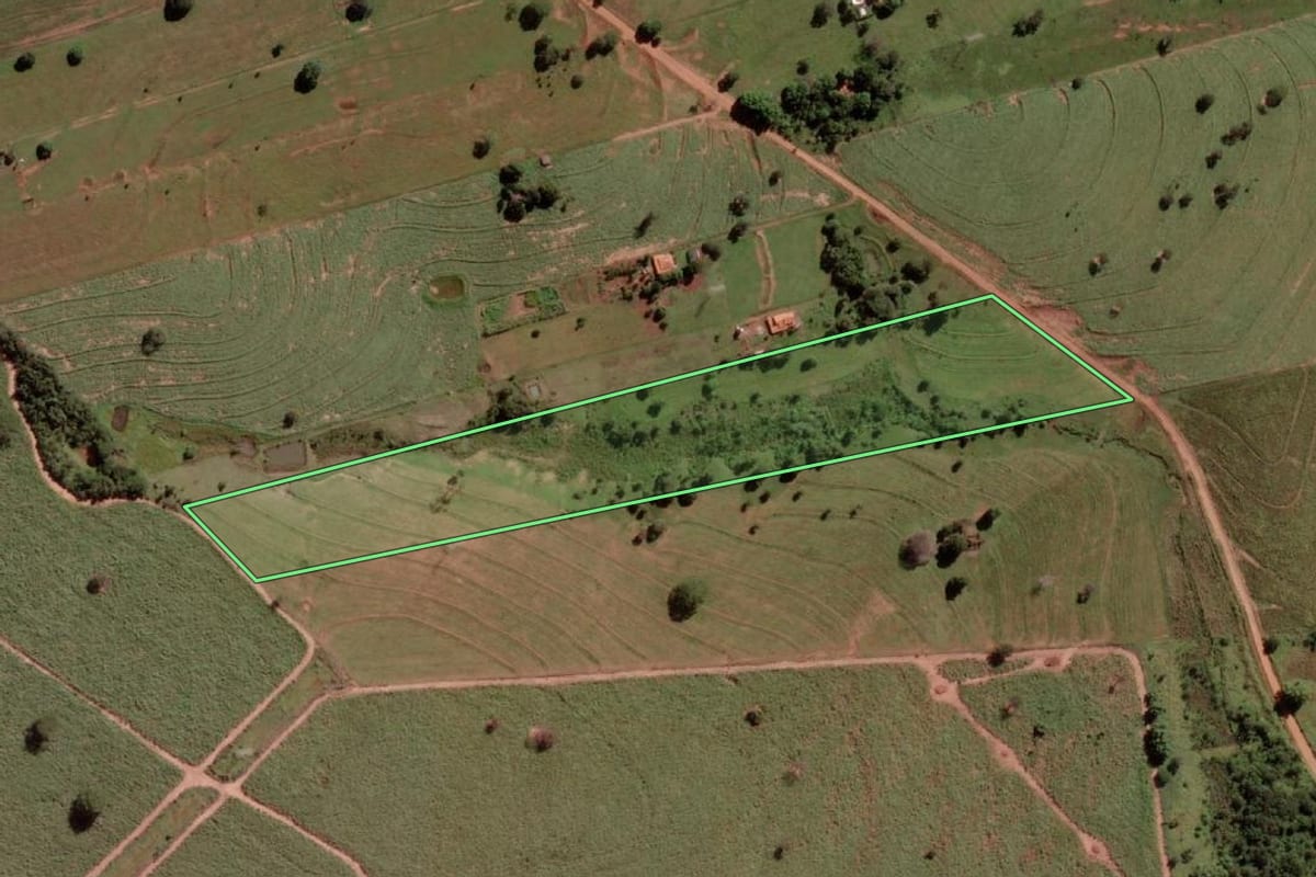 Imagem de satélite do imóvel rural em São Francisco (SP), com o contorno declarado no CAR desenhado por cima.
