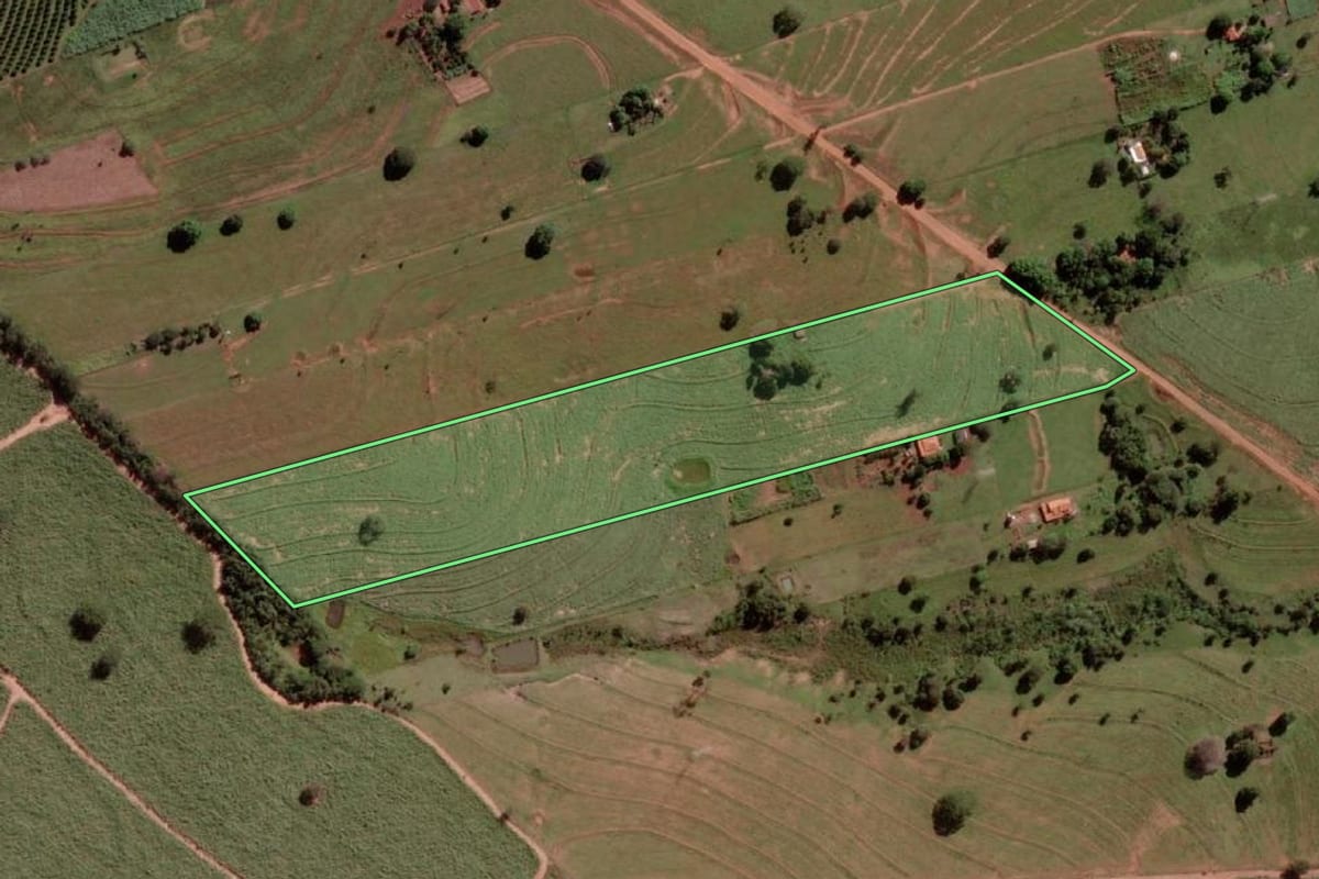 Imagem de satélite do imóvel rural em São Francisco (SP), com o contorno declarado no CAR desenhado por cima.