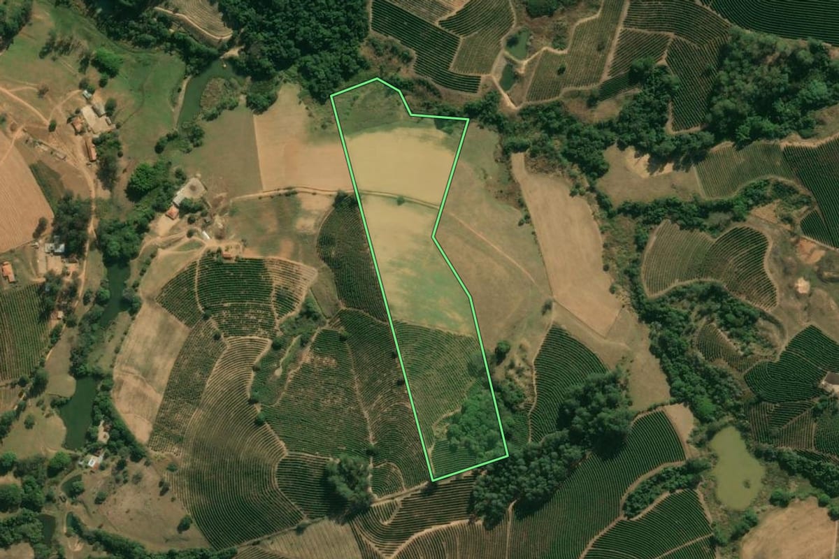 Imagem de satélite do imóvel rural em São João da Boa Vista (SP), com o contorno declarado no CAR desenhado por cima.
