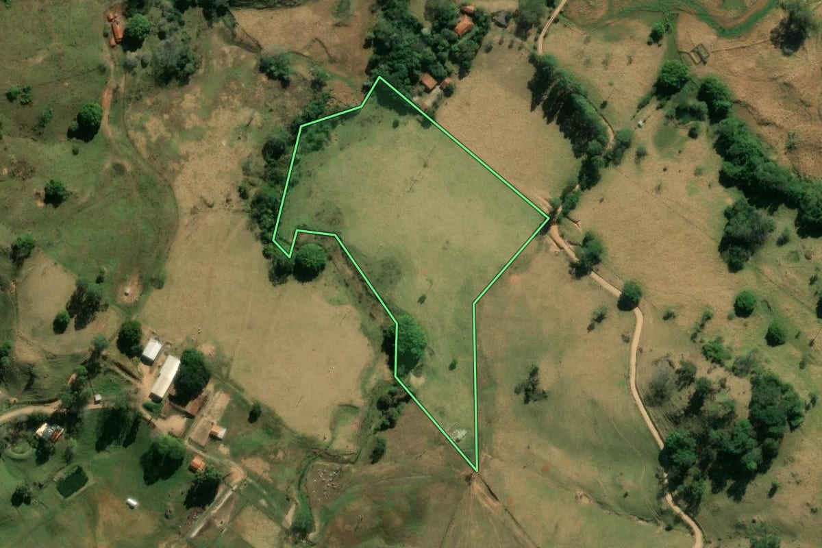 Imagem de satélite do imóvel rural em São João da Boa Vista (SP), com o contorno declarado no CAR desenhado por cima.