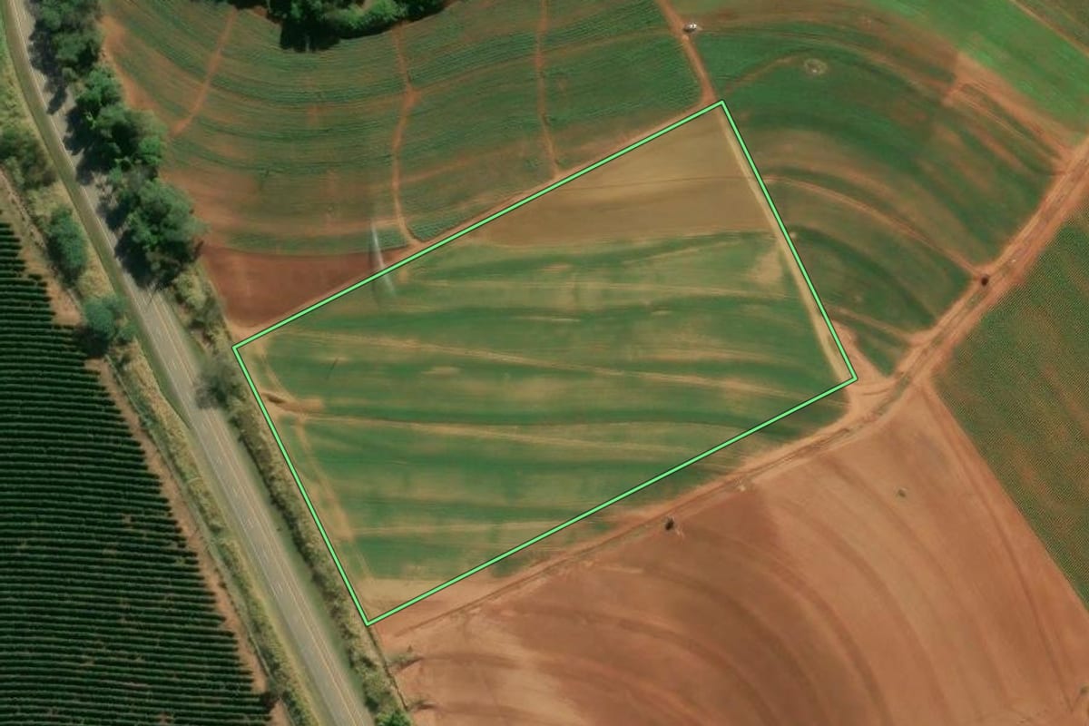 Imagem de satélite do imóvel rural em São João da Boa Vista (SP), com o contorno declarado no CAR desenhado por cima.