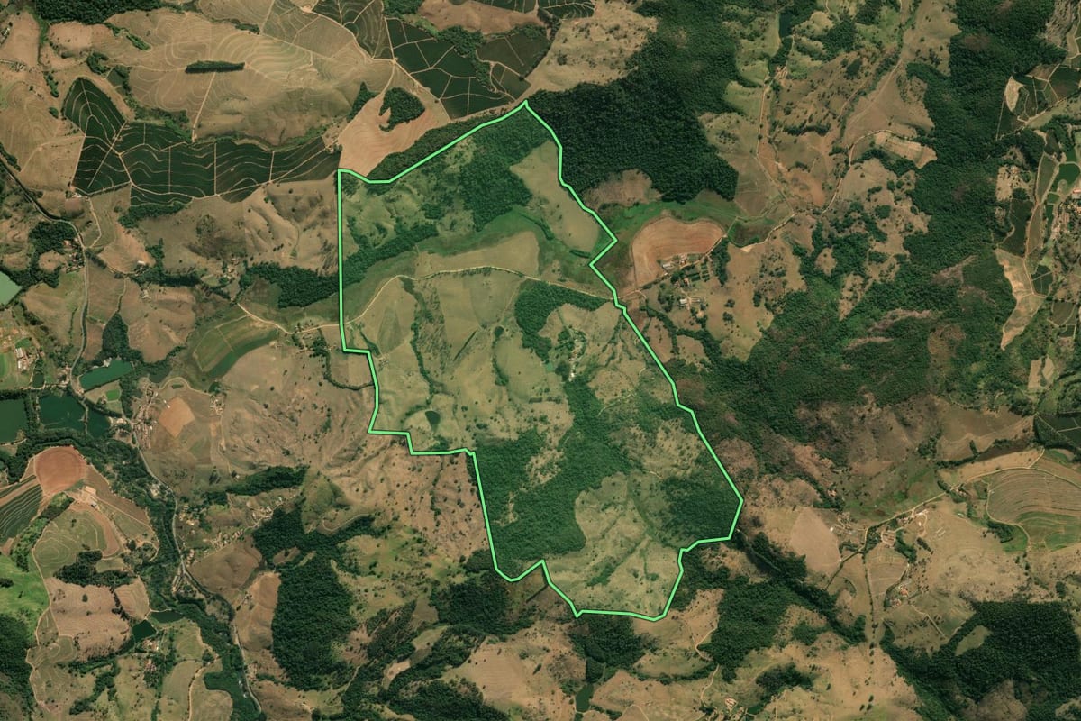 Imagem de satélite do imóvel rural em São João da Boa Vista (SP), com o contorno declarado no CAR desenhado por cima.