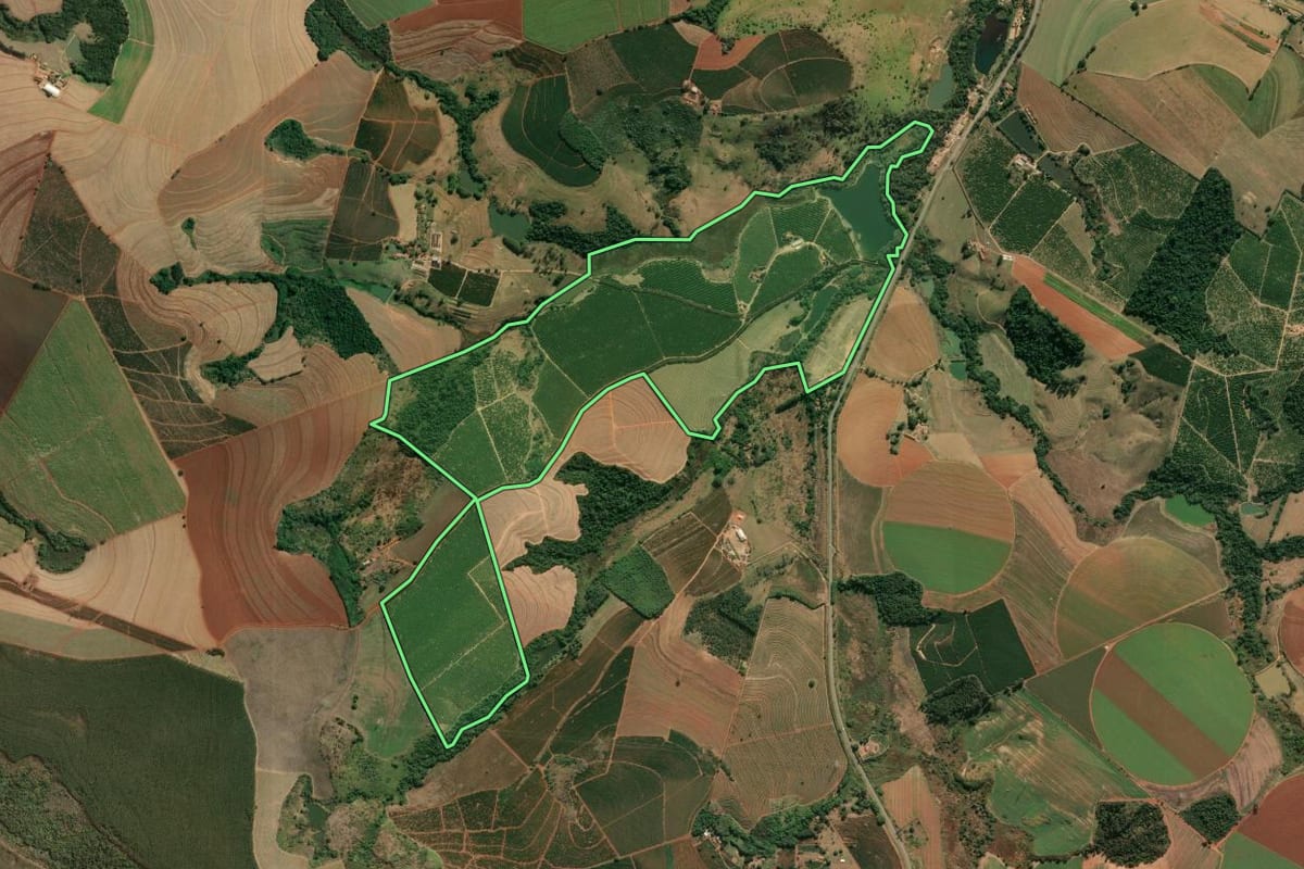 Imagem de satélite do imóvel rural em São João da Boa Vista (SP), com o contorno declarado no CAR desenhado por cima.