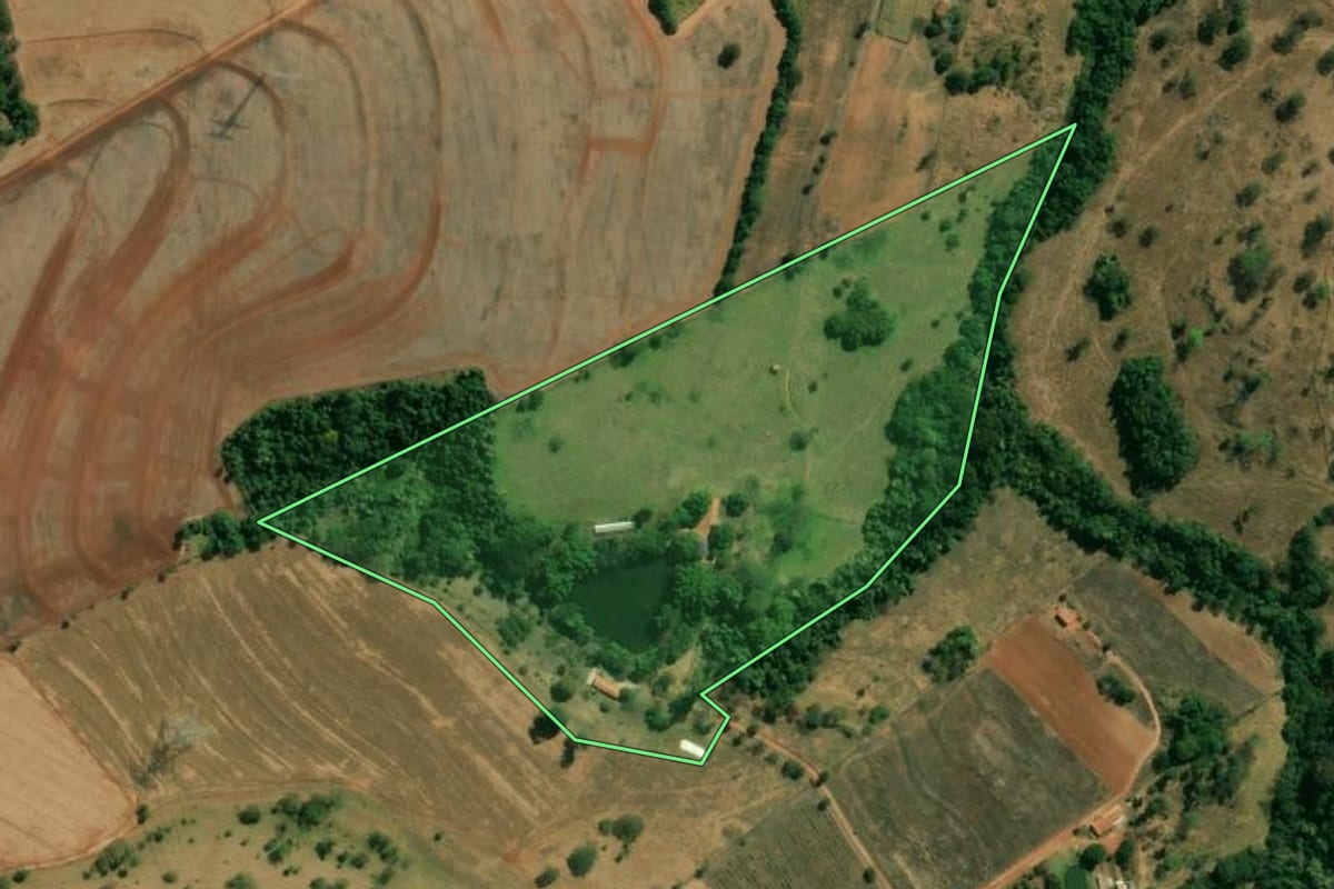 Imagem de satélite do imóvel rural em São João da Boa Vista (SP), com o contorno declarado no CAR desenhado por cima.