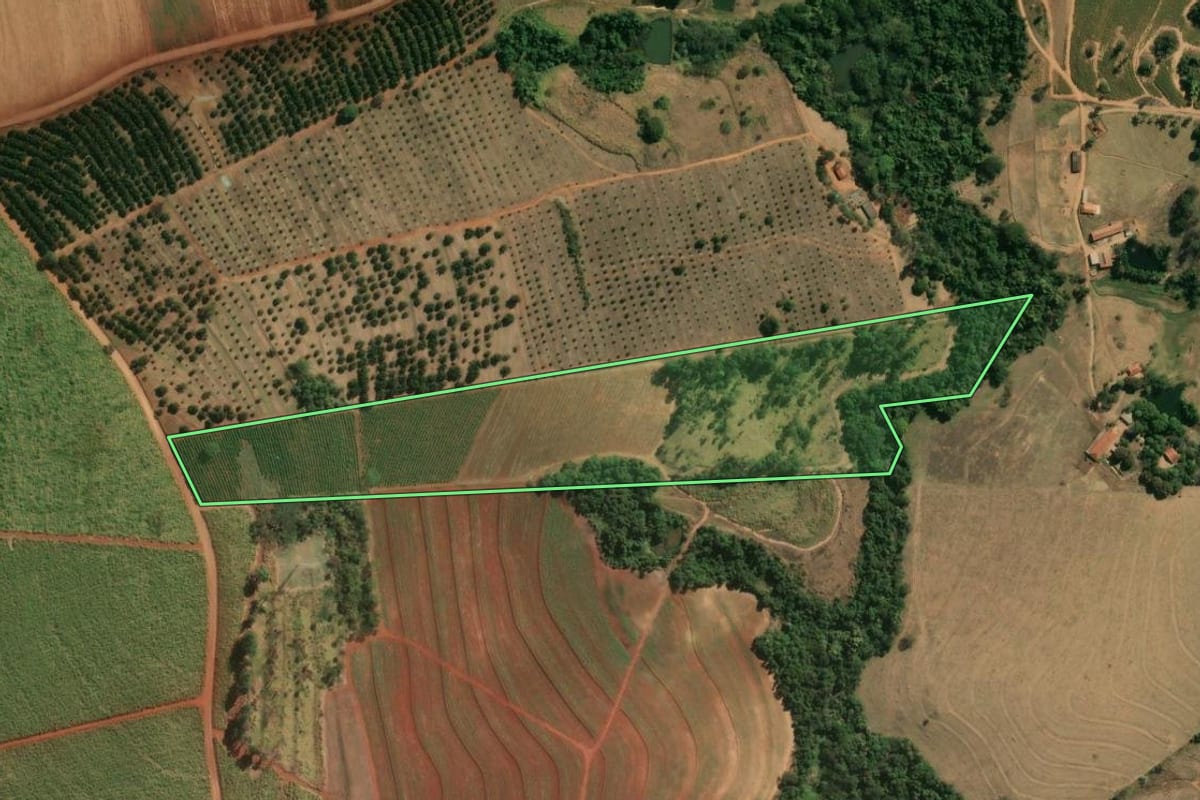 Imagem de satélite do imóvel rural em São João da Boa Vista (SP), com o contorno declarado no CAR desenhado por cima.