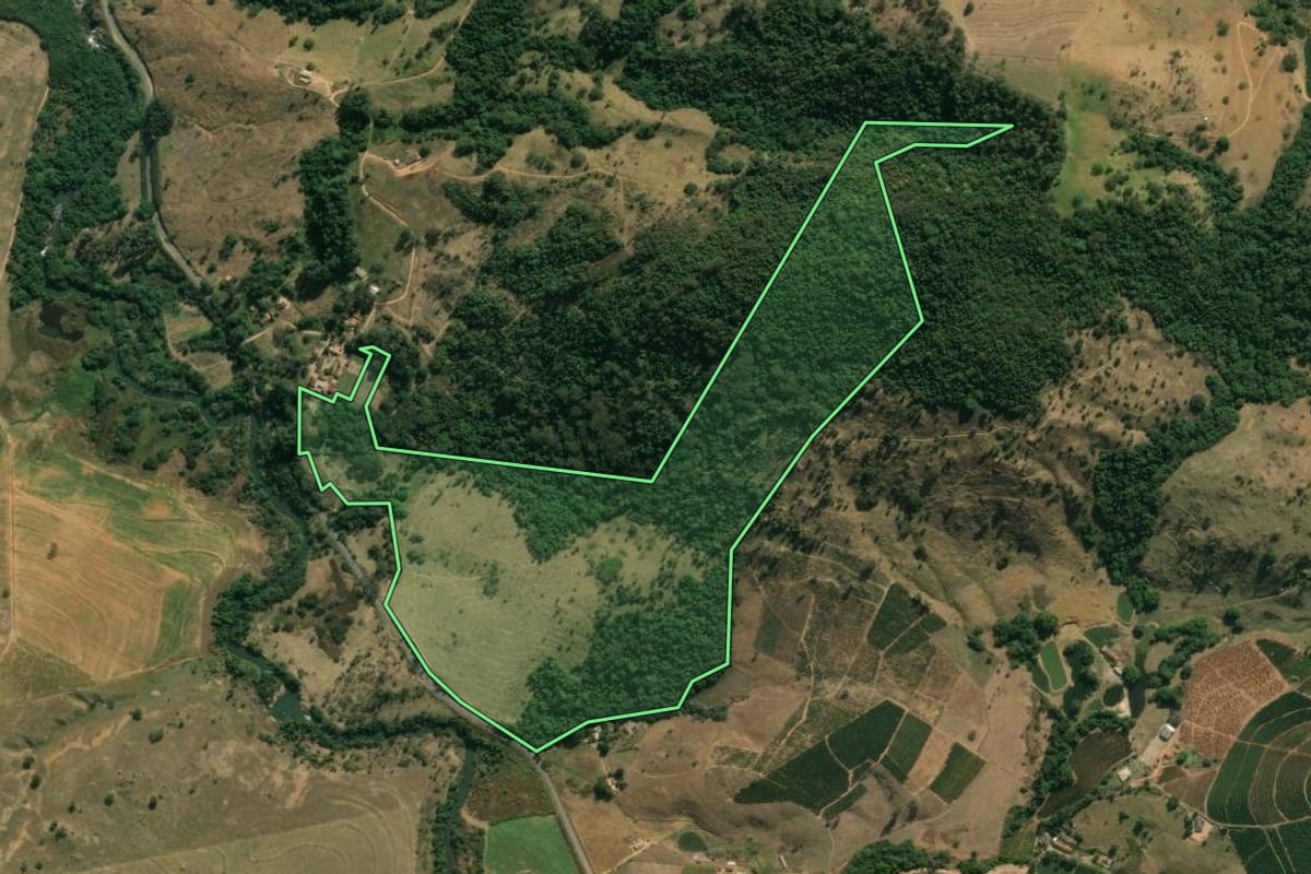 Imagem de satélite do imóvel rural em São João da Boa Vista (SP), com o contorno declarado no CAR desenhado por cima.