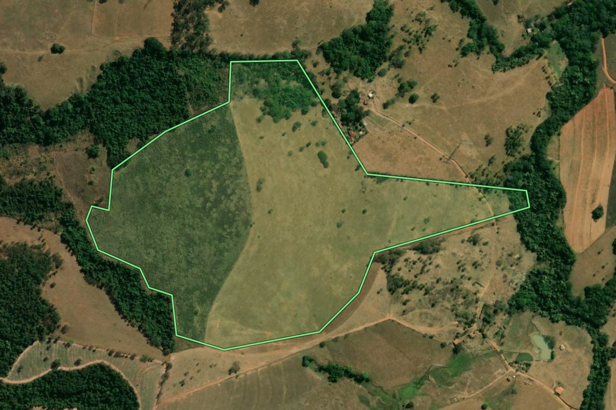 Imagem de satélite do imóvel rural em São João da Boa Vista (SP), com o contorno declarado no CAR desenhado por cima.