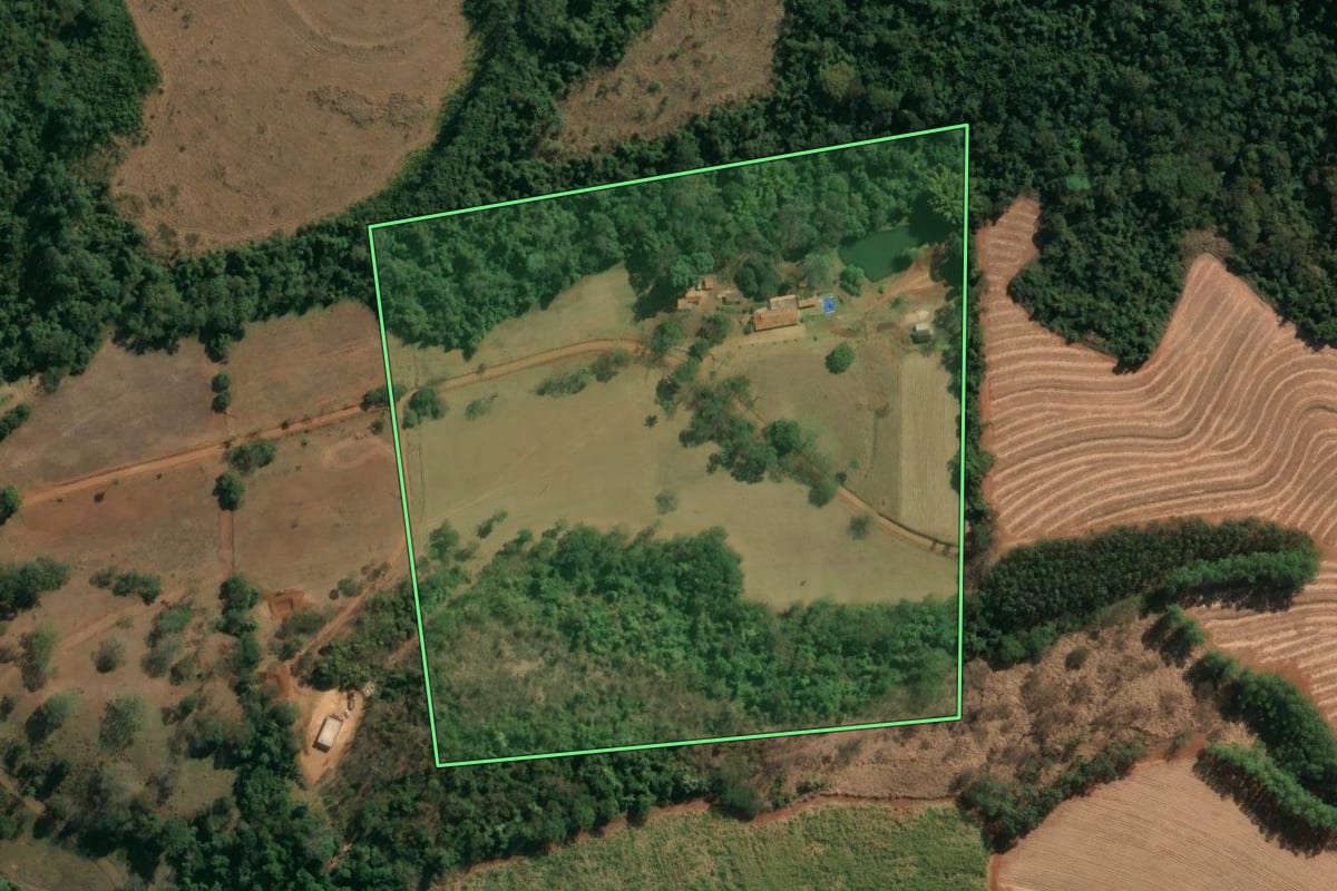 Imagem de satélite do imóvel rural em São João da Boa Vista (SP), com o contorno declarado no CAR desenhado por cima.