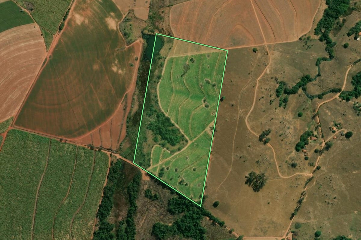 Imagem de satélite do imóvel rural em São João da Boa Vista (SP), com o contorno declarado no CAR desenhado por cima.