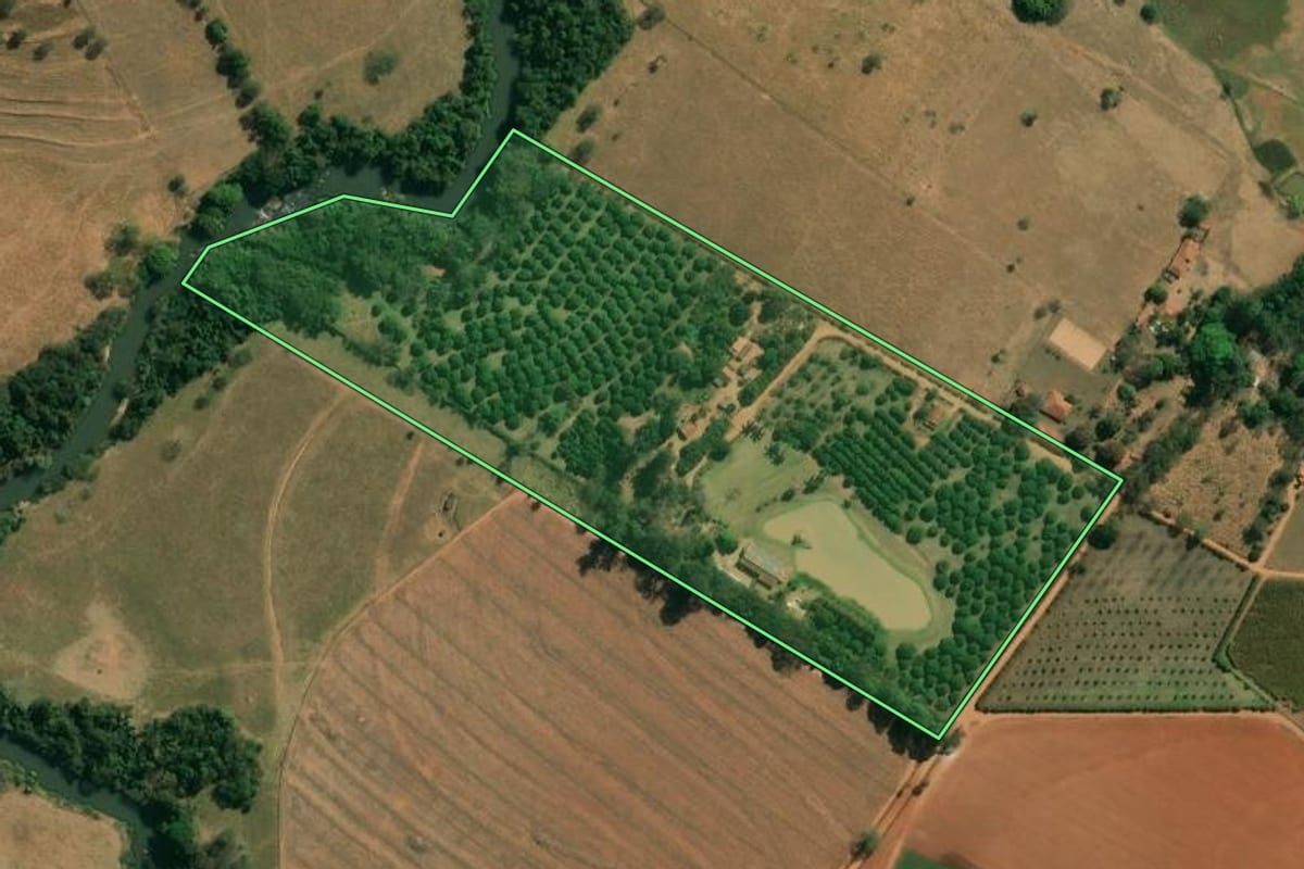 Imagem de satélite do imóvel rural em São João da Boa Vista (SP), com o contorno declarado no CAR desenhado por cima.