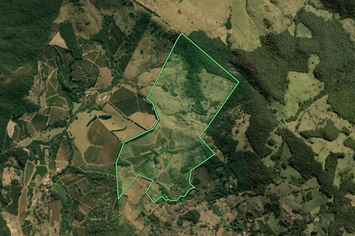 Imagem de satélite do imóvel rural em São João da Boa Vista (SP), com o contorno declarado no CAR desenhado por cima.
