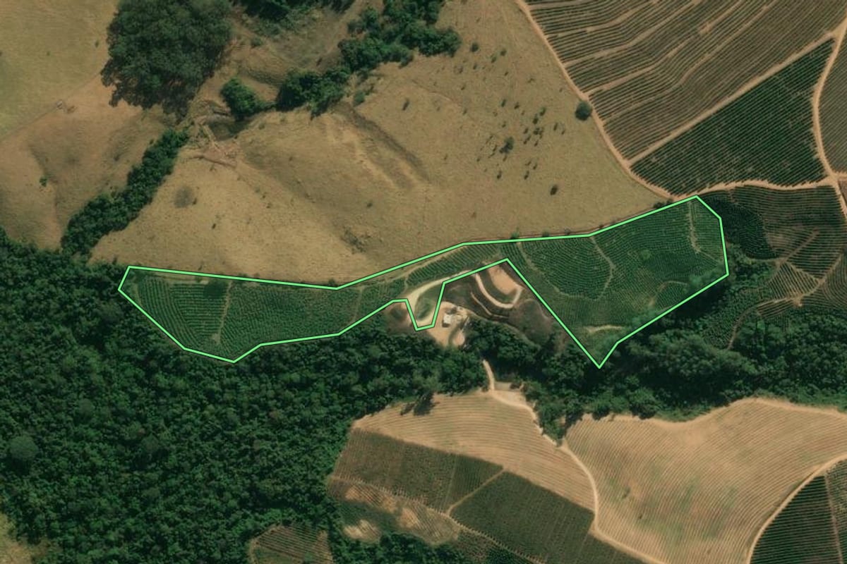 Imagem de satélite do imóvel rural em São João da Boa Vista (SP), com o contorno declarado no CAR desenhado por cima.