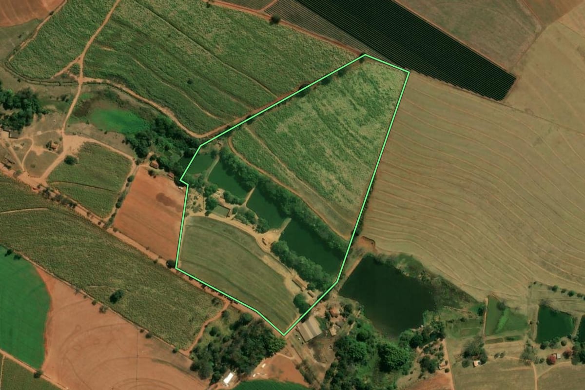 Imagem de satélite do imóvel rural em São João da Boa Vista (SP), com o contorno declarado no CAR desenhado por cima.