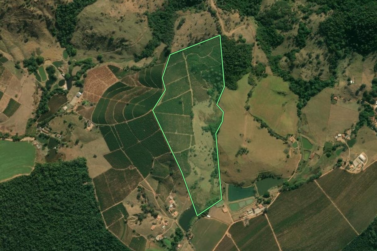 Imagem de satélite do imóvel rural em São João da Boa Vista (SP), com o contorno declarado no CAR desenhado por cima.