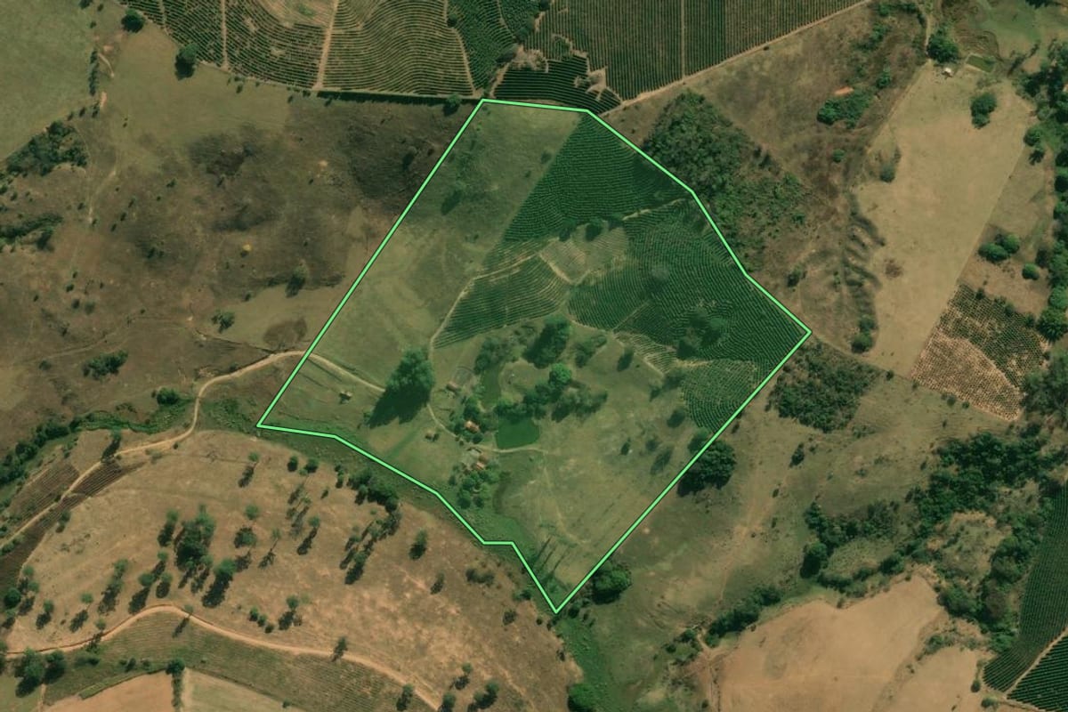 Imagem de satélite do imóvel rural em São João da Boa Vista (SP), com o contorno declarado no CAR desenhado por cima.