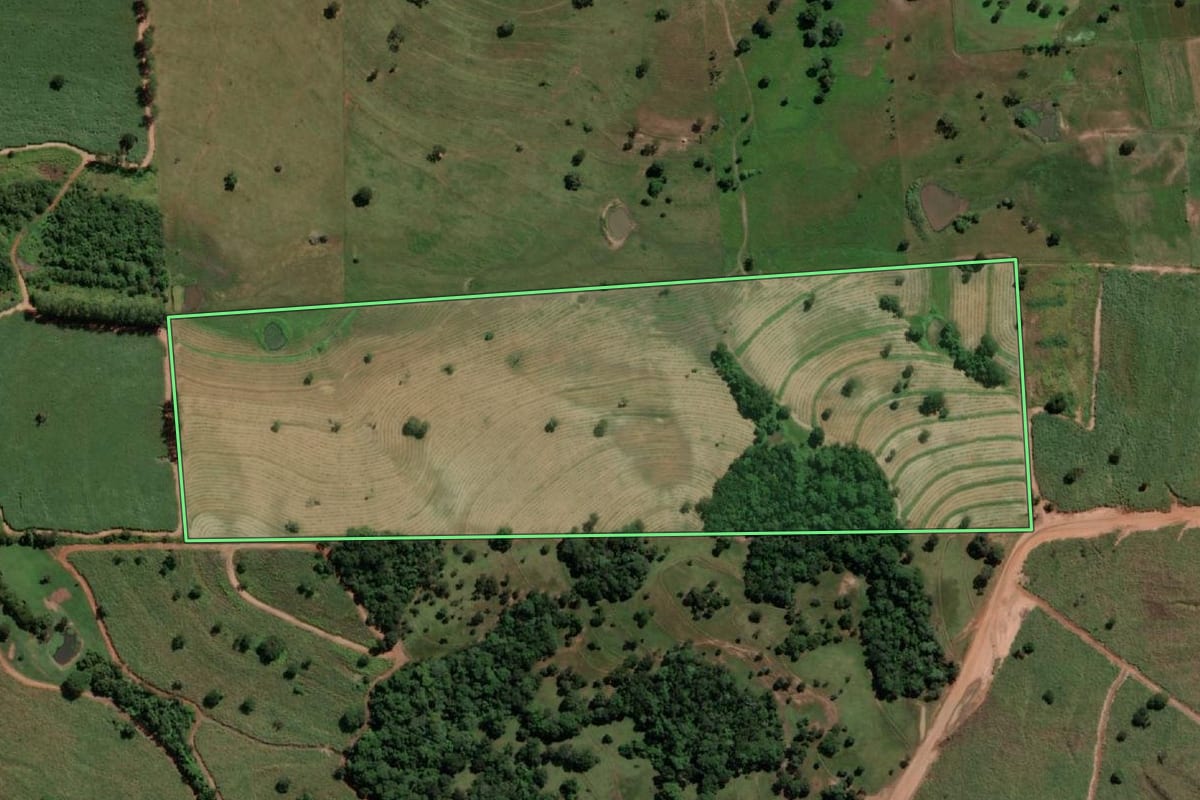 Imagem de satélite do imóvel rural em São João das Duas Pontes (SP), com o contorno declarado no CAR desenhado por cima.