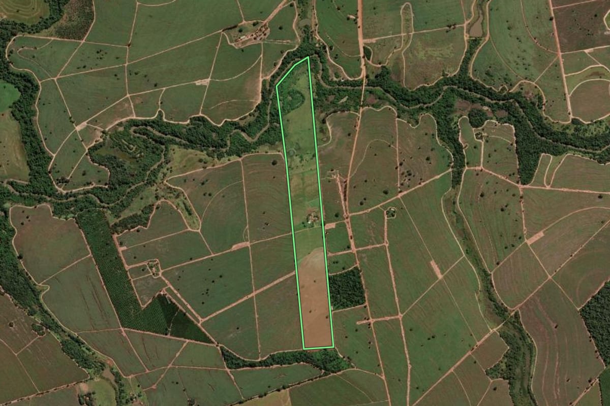 Imagem de satélite do imóvel rural em São João de Iracema (SP), com o contorno declarado no CAR desenhado por cima.