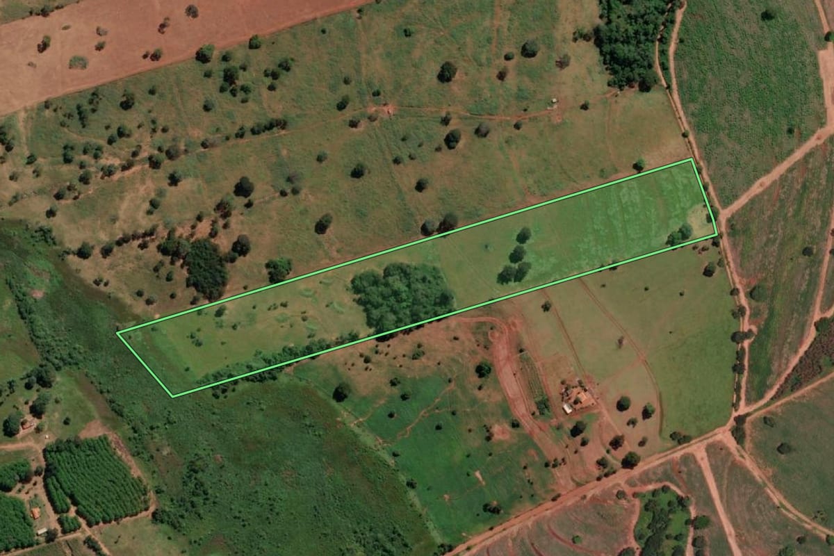 Imagem de satélite do imóvel rural em São João de Iracema (SP), com o contorno declarado no CAR desenhado por cima.
