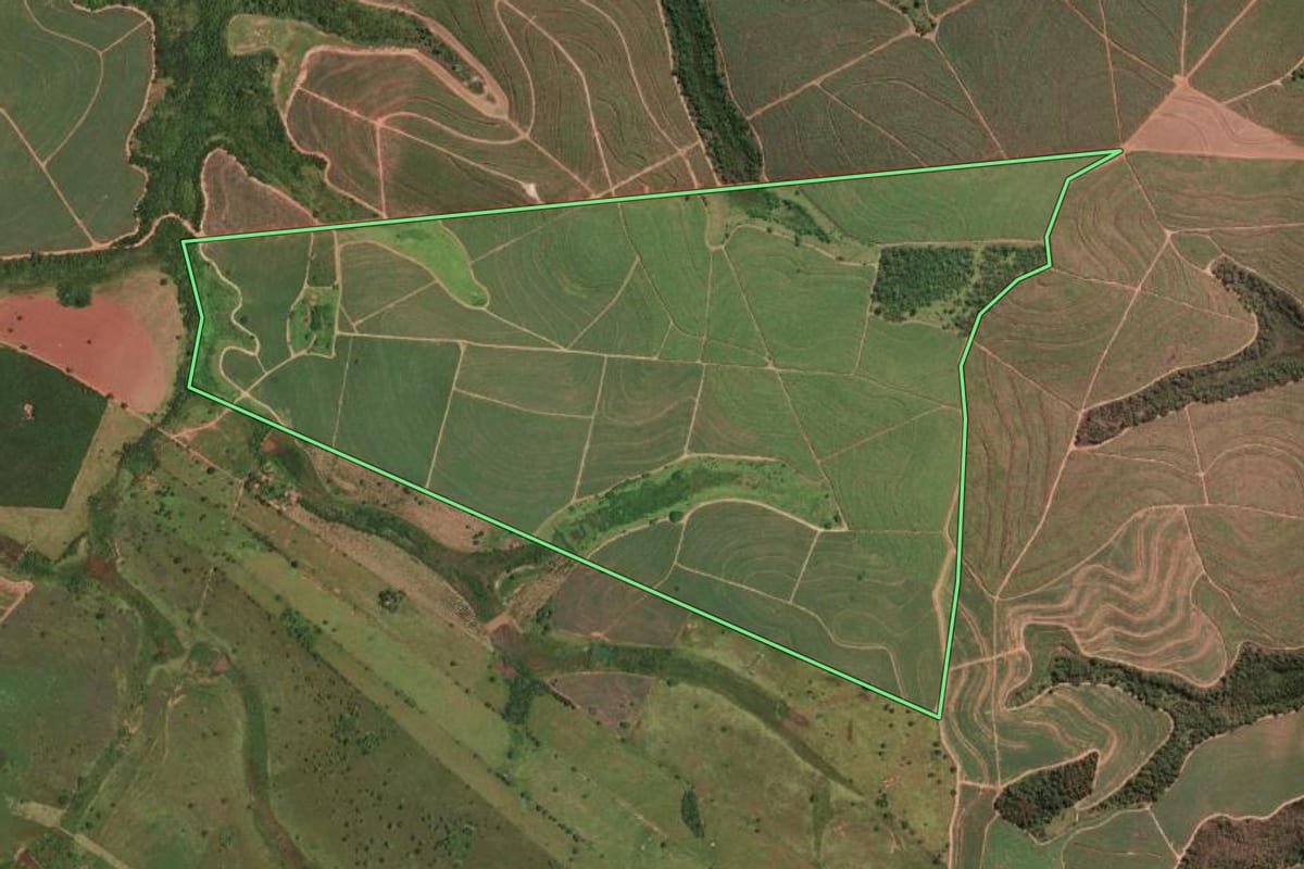 Imagem de satélite do imóvel rural em São João de Iracema (SP), com o contorno declarado no CAR desenhado por cima.