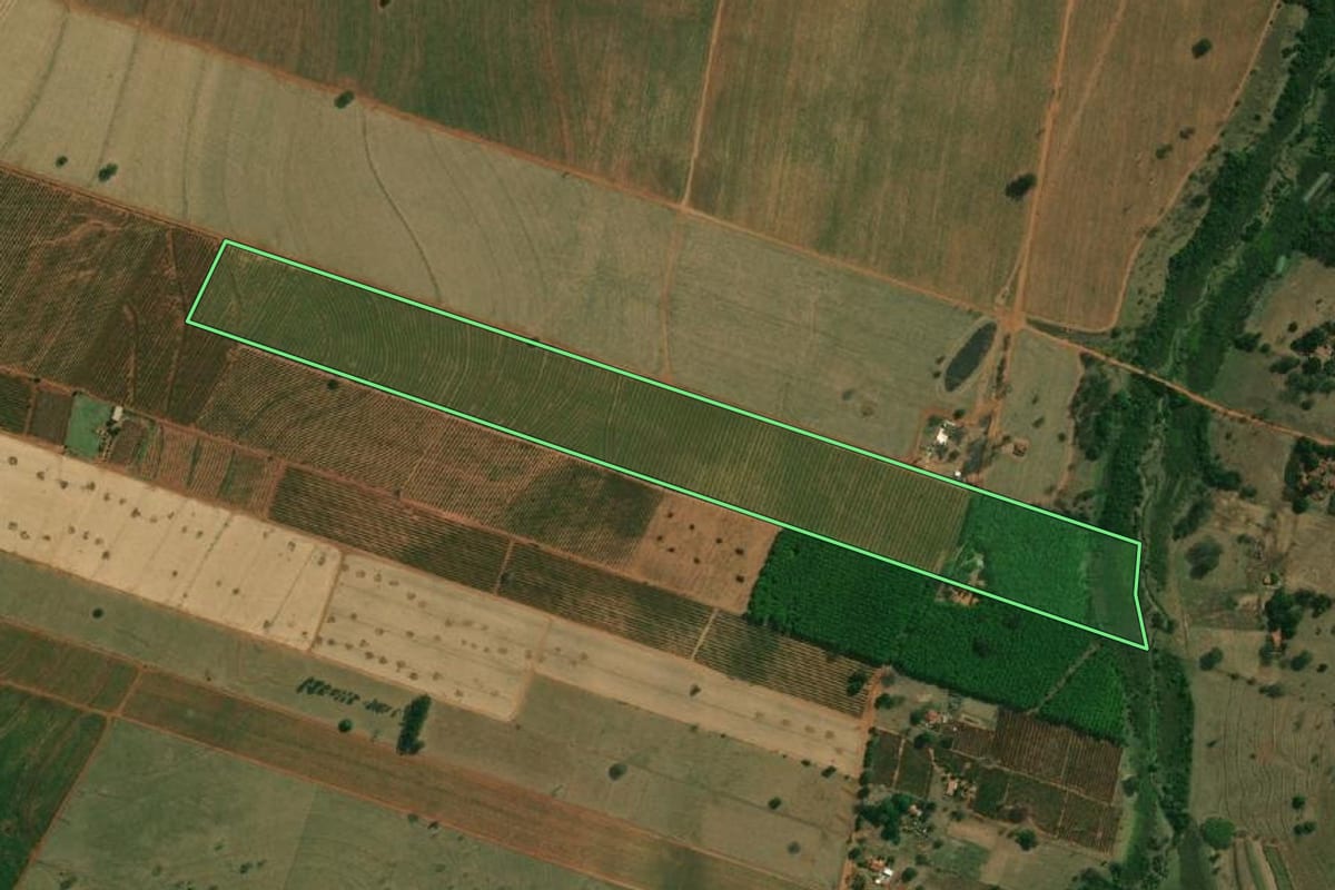 Imagem de satélite do imóvel rural em São João do Pau d'Alho (SP), com o contorno declarado no CAR desenhado por cima.