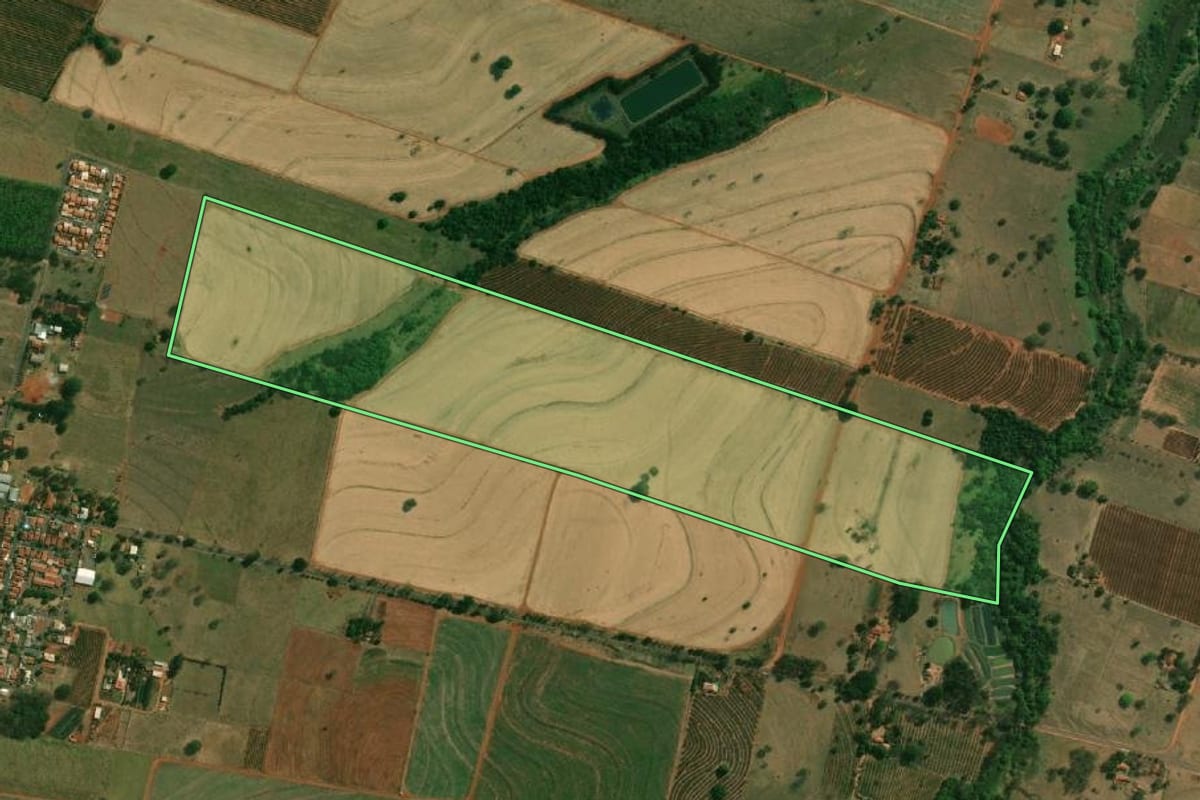 Imagem de satélite do imóvel rural em São João do Pau d'Alho (SP), com o contorno declarado no CAR desenhado por cima.